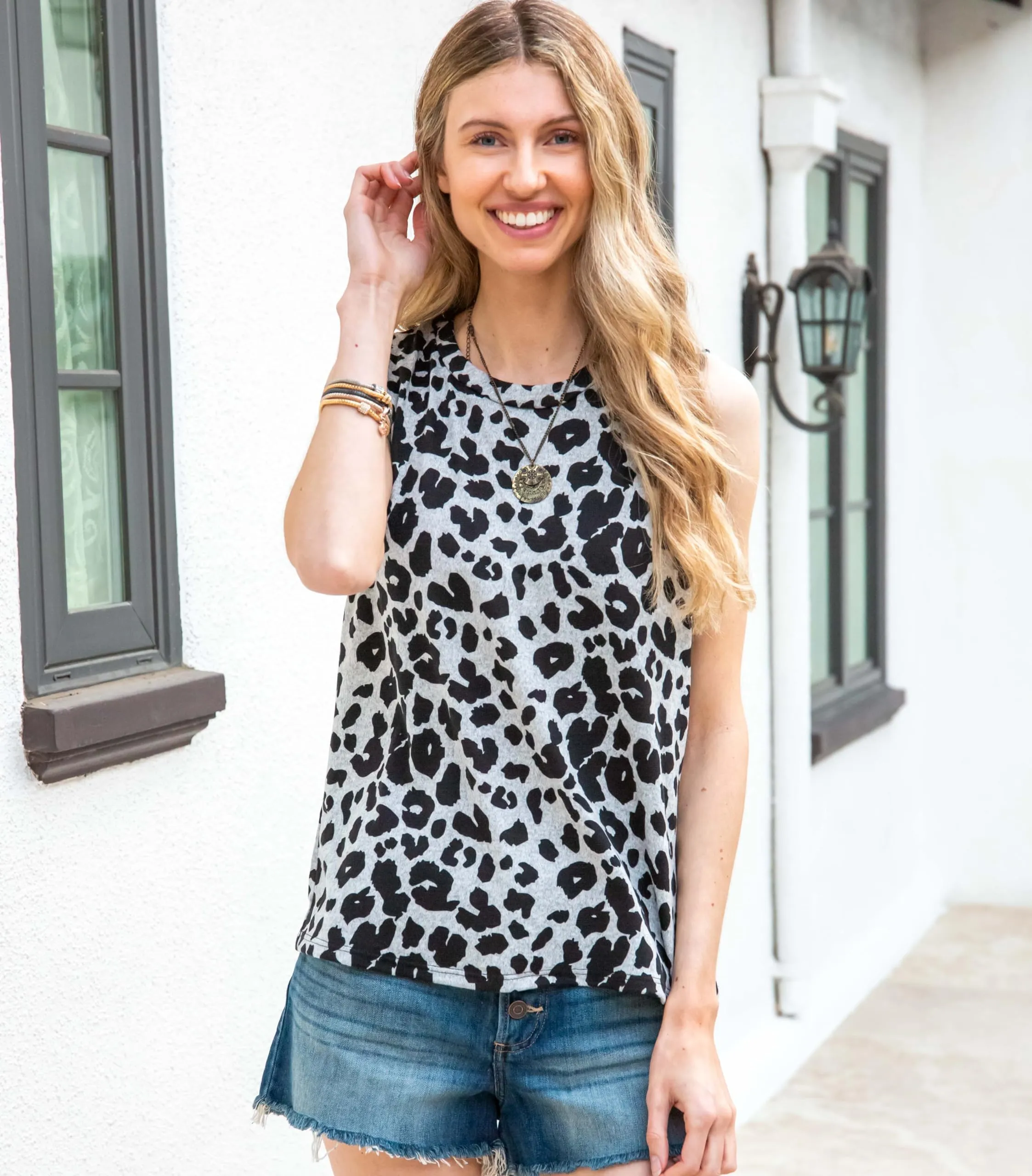 MINT PLUS PINK Women's Summer Loose Tank Sleeveless Animal Print Pattern Crew Neck Tunic Blouse Camisole Top