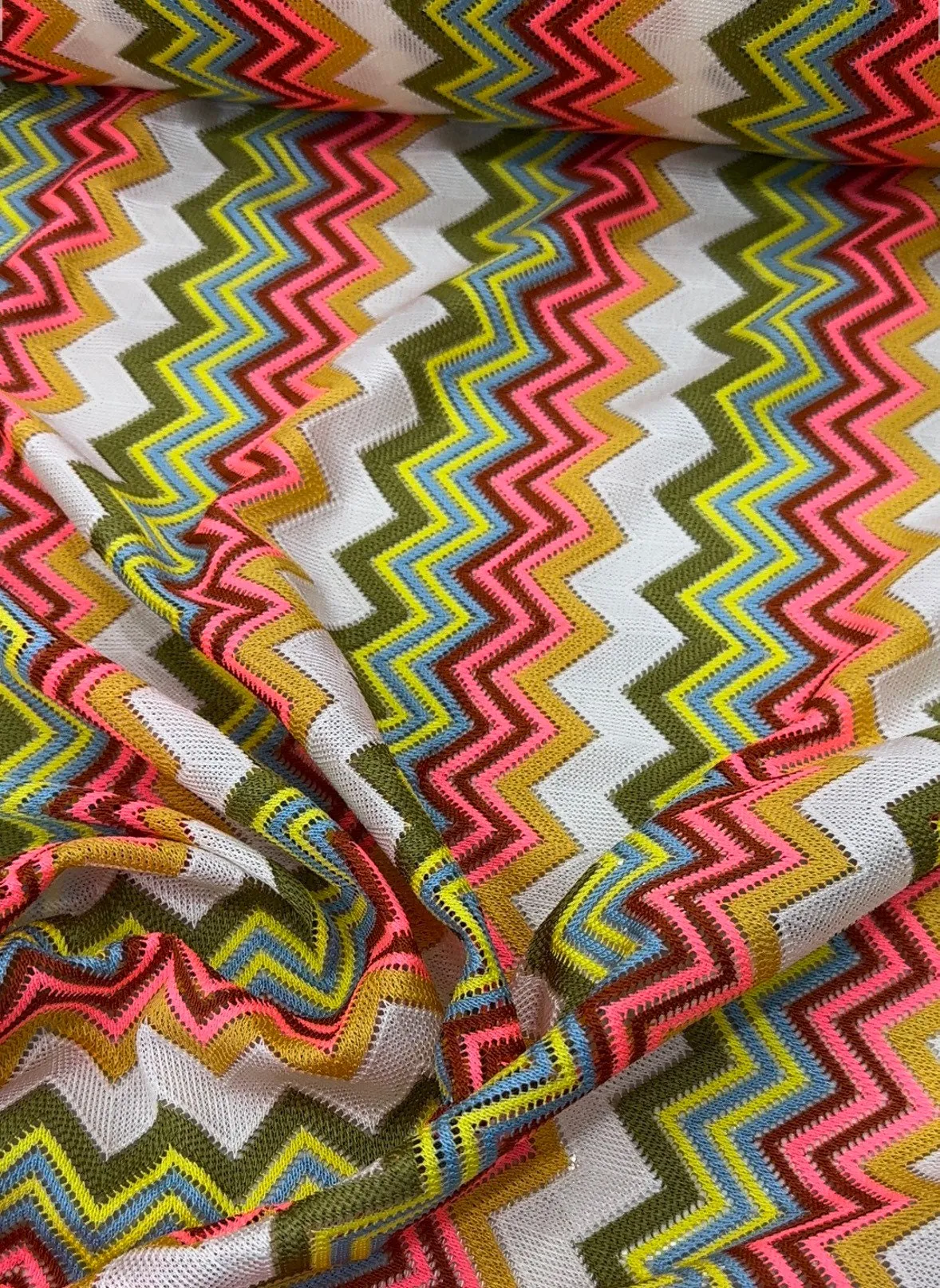 Multicolor Zigzag Knit Jersey Mesh Fabric for Crafting and Apparel