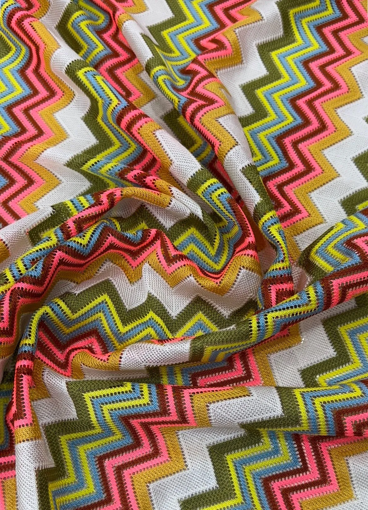 Multicolor Zigzag Knit Jersey Mesh Fabric for Crafting and Apparel