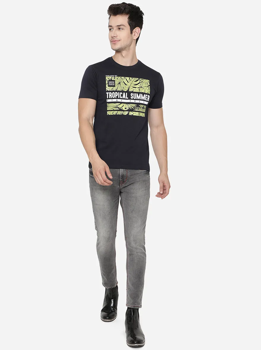 Navy Blue Printed Slim Fit T-Shirt | Greenfibre