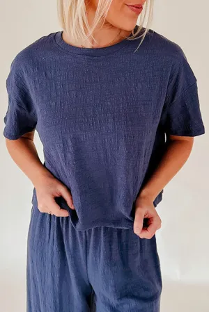 Navy Blue Vintage Textured Dropped Sleeve Relaxed T Shirt