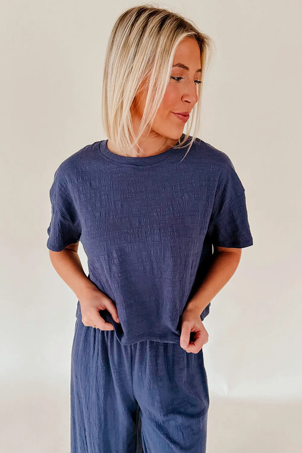 Navy Blue Vintage Textured Dropped Sleeve Relaxed T Shirt