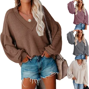 New European and American Fashion Women's Loose V-Neck Knitted Sweater with Lantern Sleeves and Upper Garment. C-240826-2