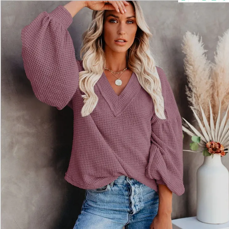 New European and American Fashion Women's Loose V-Neck Knitted Sweater with Lantern Sleeves and Upper Garment. C-240826-2