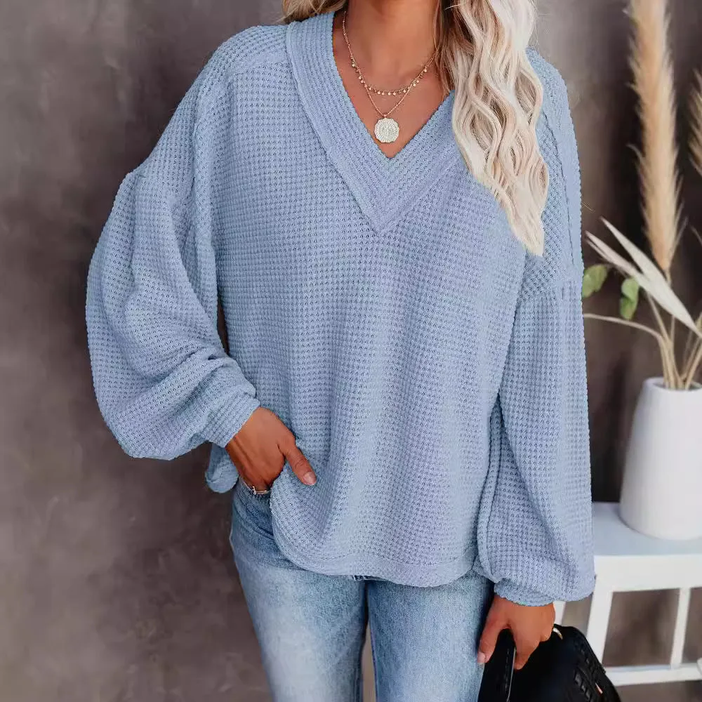 New European and American Fashion Women's Loose V-Neck Knitted Sweater with Lantern Sleeves and Upper Garment. C-240826-2