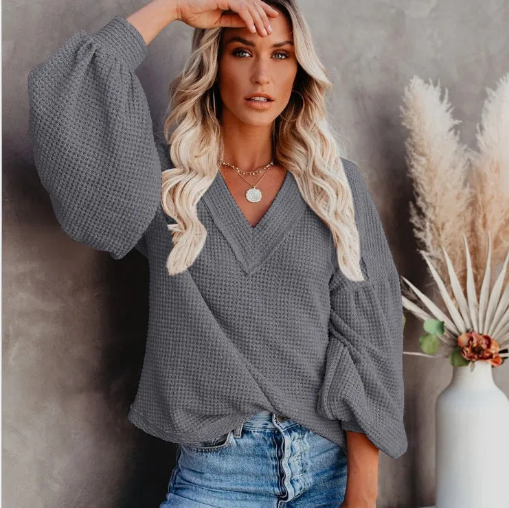 New European and American Fashion Women's Loose V-Neck Knitted Sweater with Lantern Sleeves and Upper Garment. C-240826-2