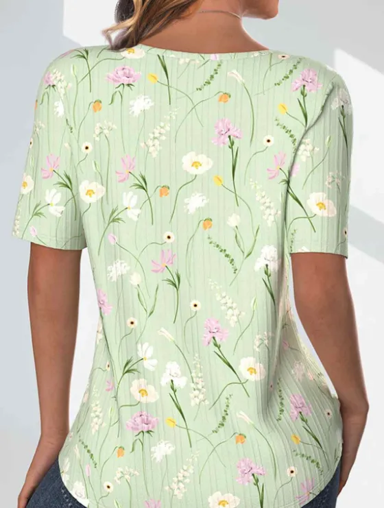 NEW MODLILY® Light Green Textured Fabric Floral Print T-Shirt, Sz M