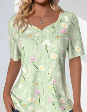 NEW MODLILY® Light Green Textured Fabric Floral Print T-Shirt, Sz M