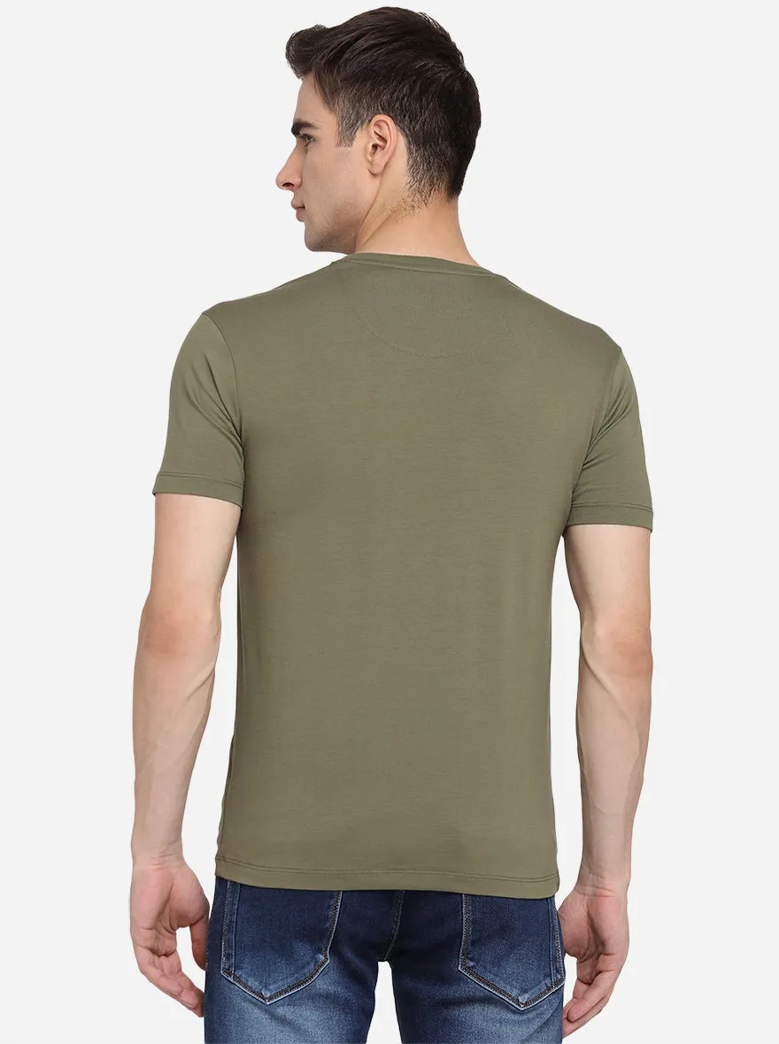 Olive Green Printed Slim Fit T-Shirt | JadeBlue