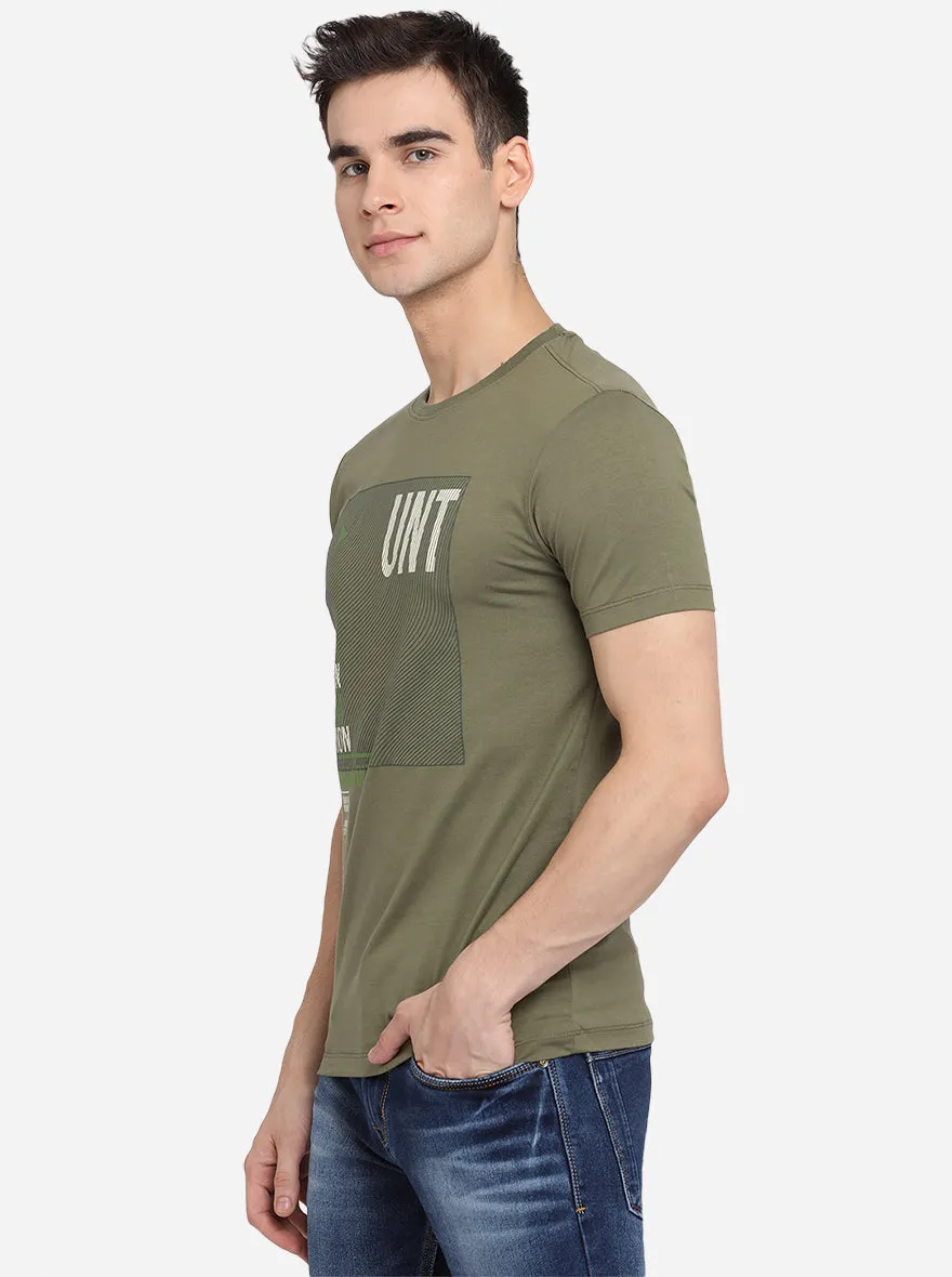 Olive Green Printed Slim Fit T-Shirt | JadeBlue