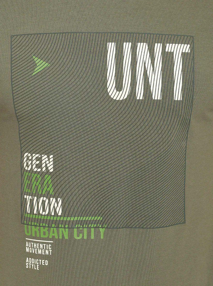 Olive Green Printed Slim Fit T-Shirt | JadeBlue