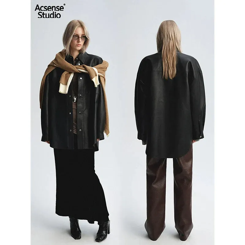 Oversized Black Faux Leather Shirt Jacket