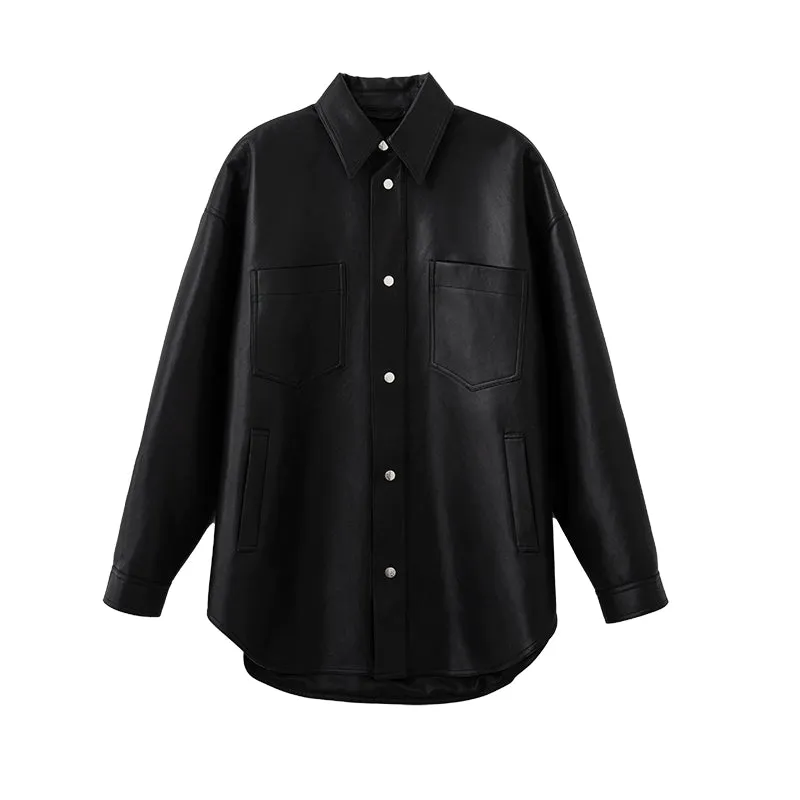 Oversized Black Faux Leather Shirt Jacket