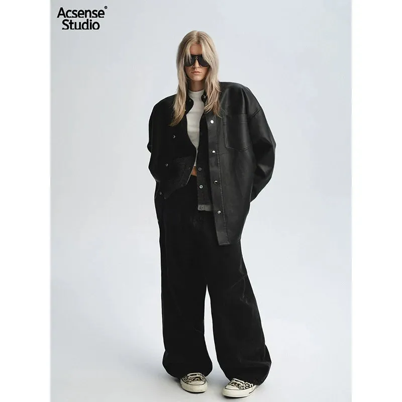 Oversized Black Faux Leather Shirt Jacket