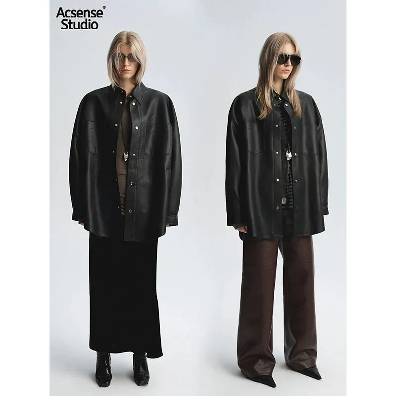 Oversized Black Faux Leather Shirt Jacket