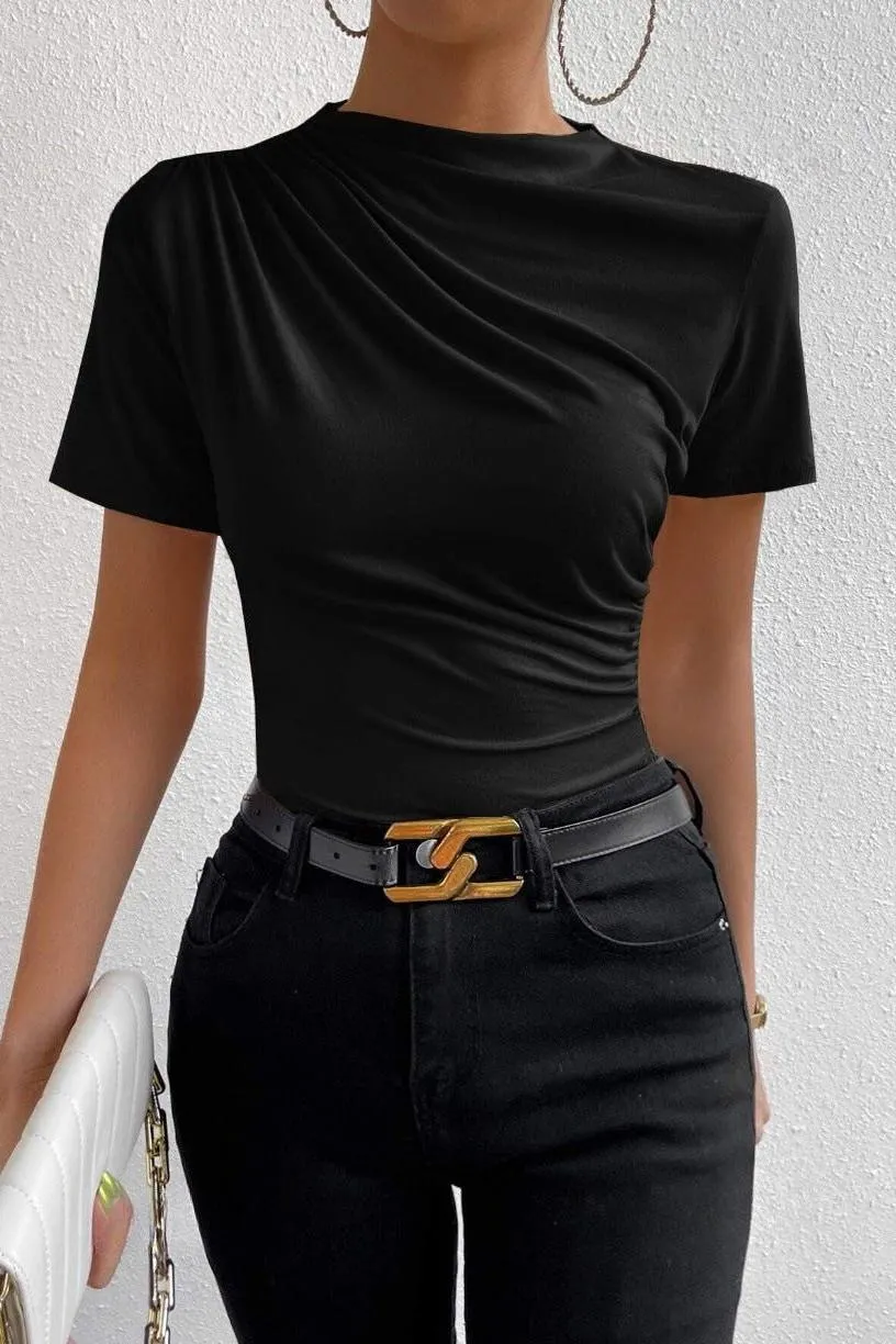 Pleated Slim Fit Short-sleeved Women's T-shirt