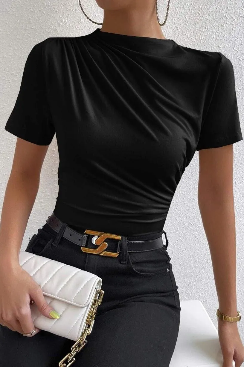 Pleated Slim Fit Short-sleeved Women's T-shirt