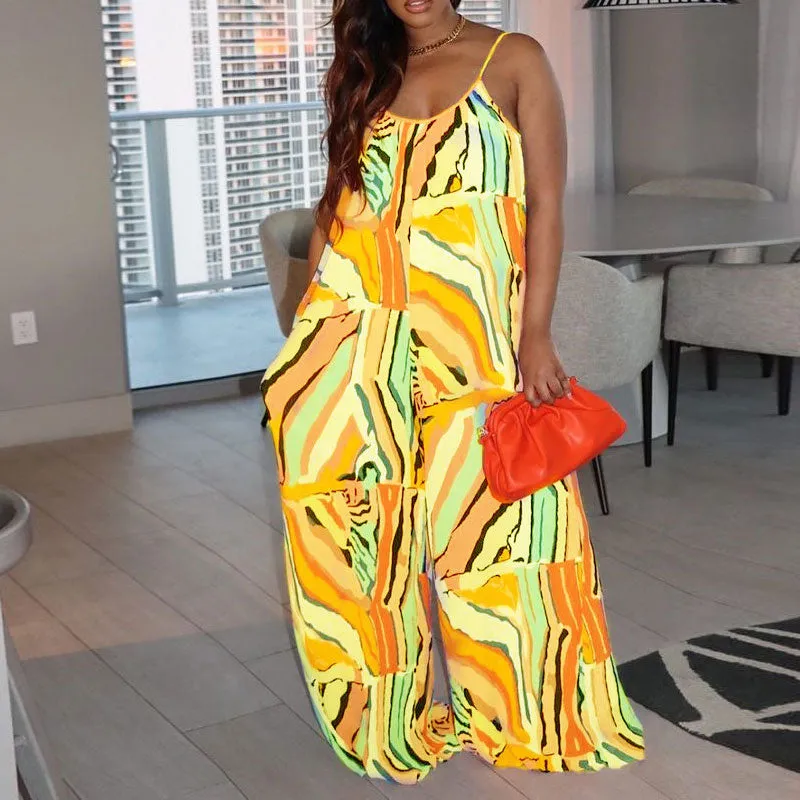 Print Sleeveless Wide Leg Loose Jumpsuit