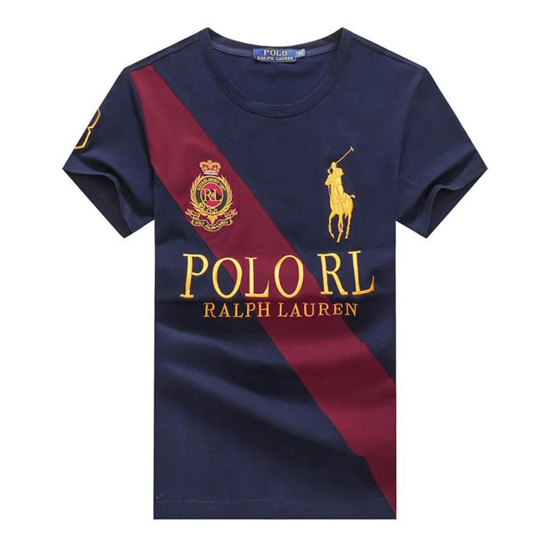 Prl Crested Textured T Shirt Navy Blue Red