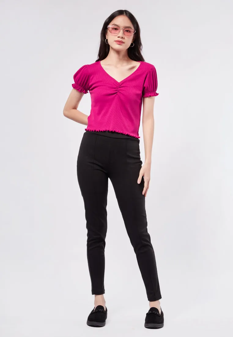 Puff Sleeve V-Neck Rib Top