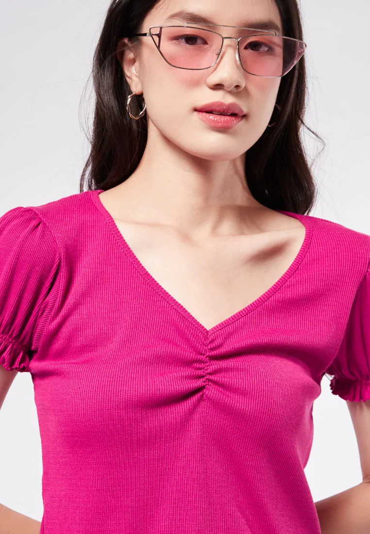 Puff Sleeve V-Neck Rib Top