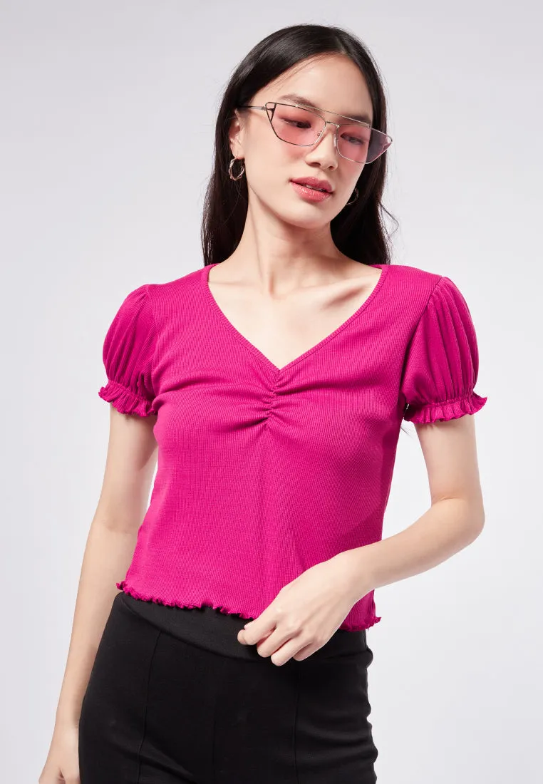 Puff Sleeve V-Neck Rib Top