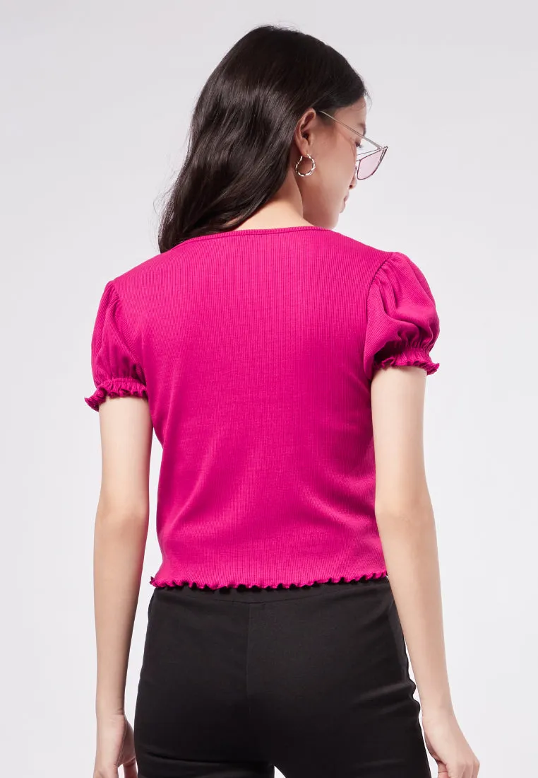 Puff Sleeve V-Neck Rib Top