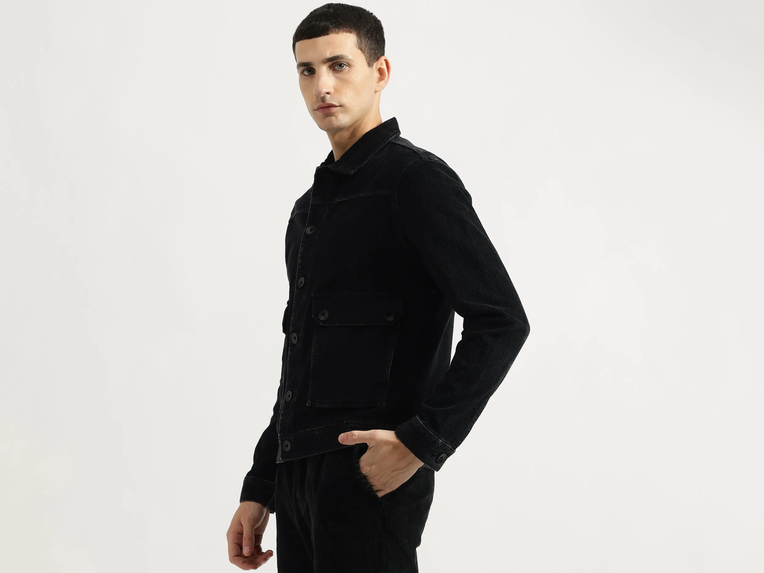 Regular Fit Spread Collar Textured Jacket