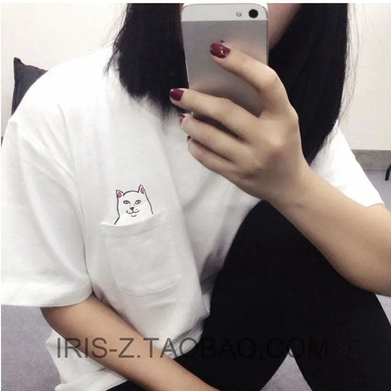 S-4XL Plus Size Women T Shirt Cat Print Pockets Short Sleeve Cotton T-shirts Women Poleras De Mujer Camisetas