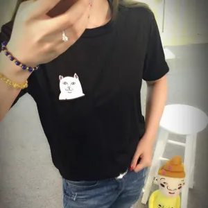 S-4XL Plus Size Women T Shirt Cat Print Pockets Short Sleeve Cotton T-shirts Women Poleras De Mujer Camisetas