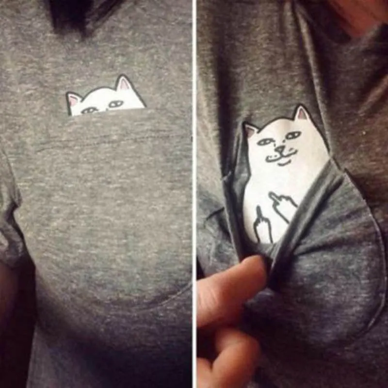 S-4XL Plus Size Women T Shirt Cat Print Pockets Short Sleeve Cotton T-shirts Women Poleras De Mujer Camisetas