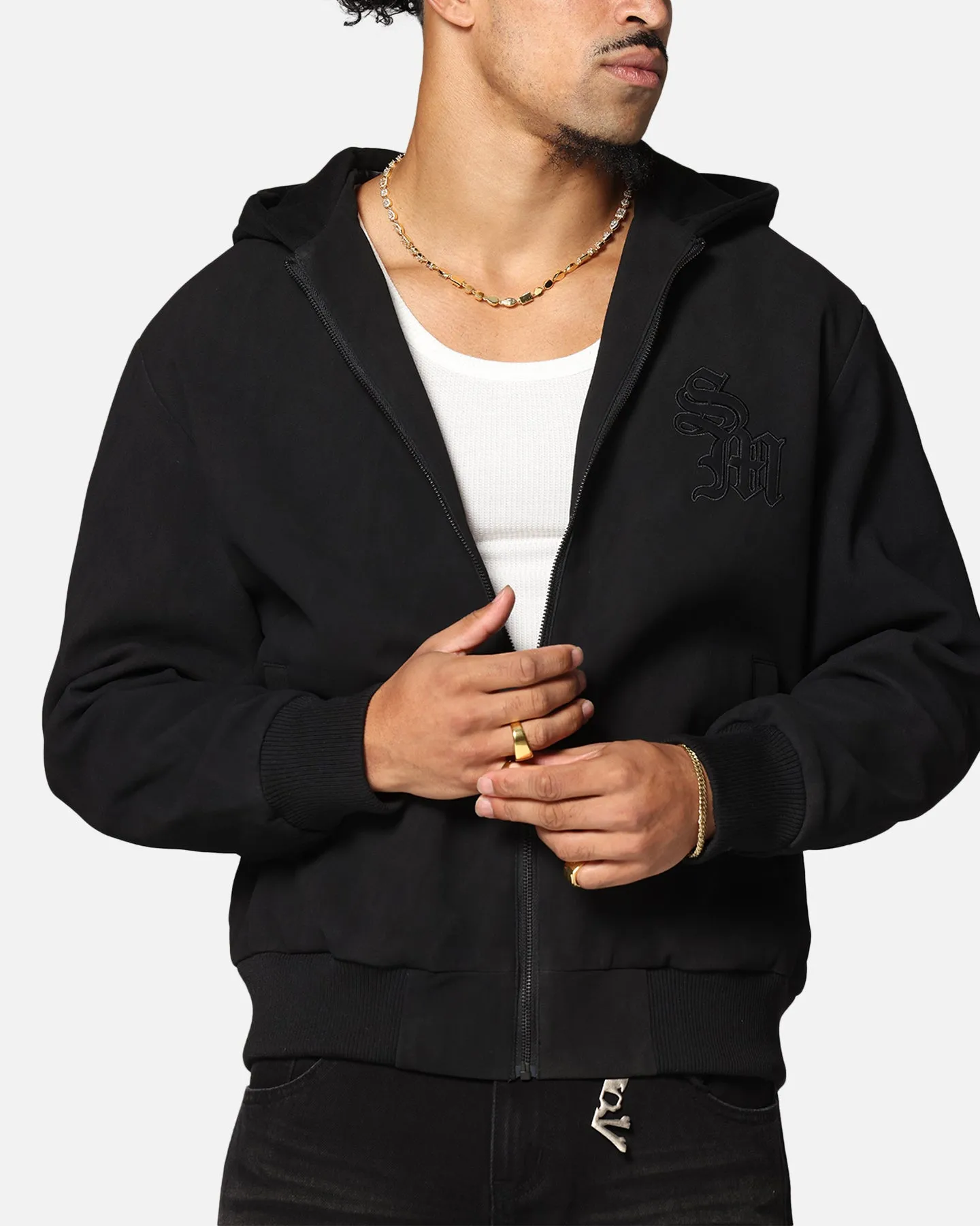 Saint Morta Gothic Hooded PU Bomber Jacket Black/Black