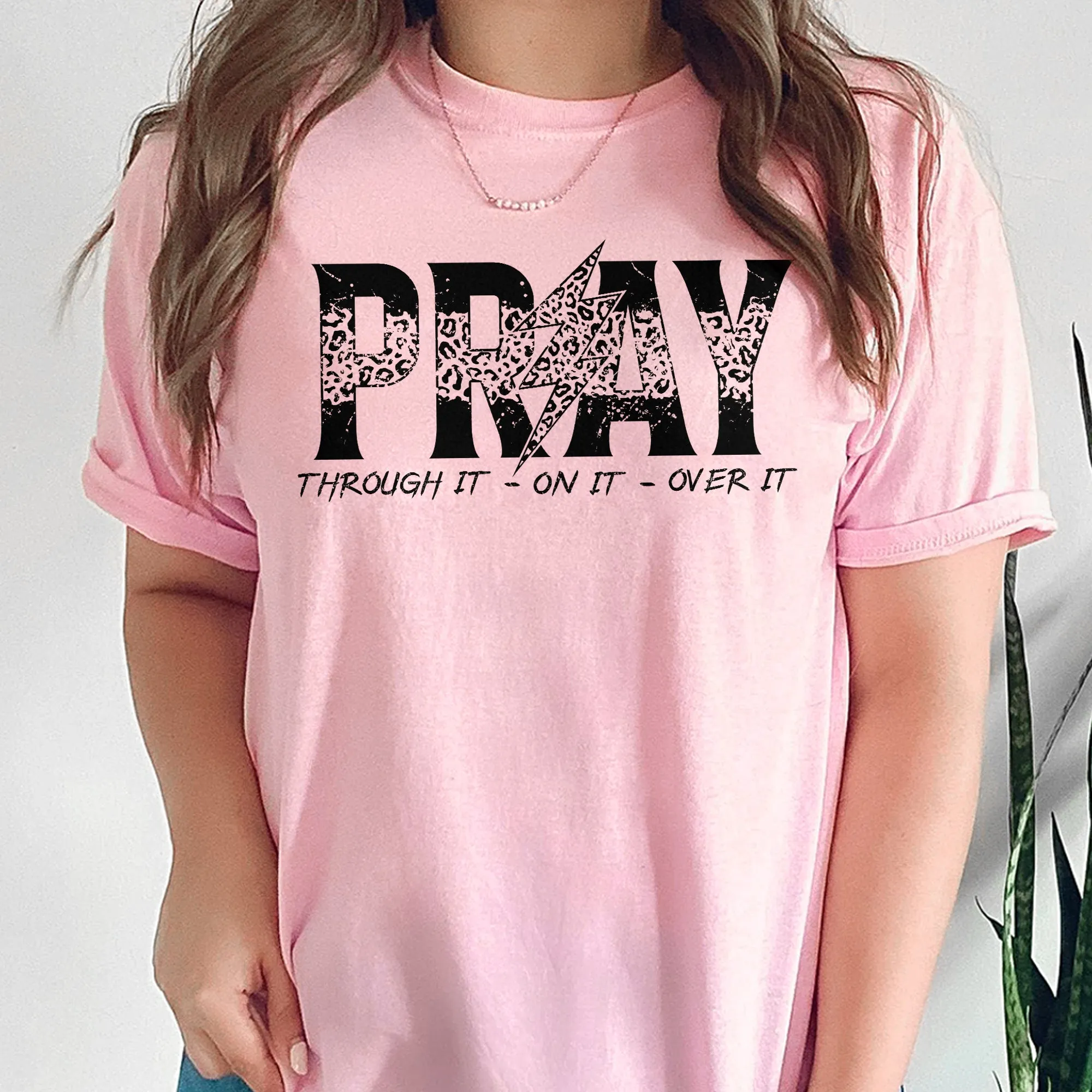 Sandjest Christian T-Shirt Pray Through It on It Over It Gift for Jesus Lover Bible Lover