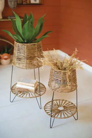 Set of 2 Seagrass and Iron Plant Stands with Bottom Shelf