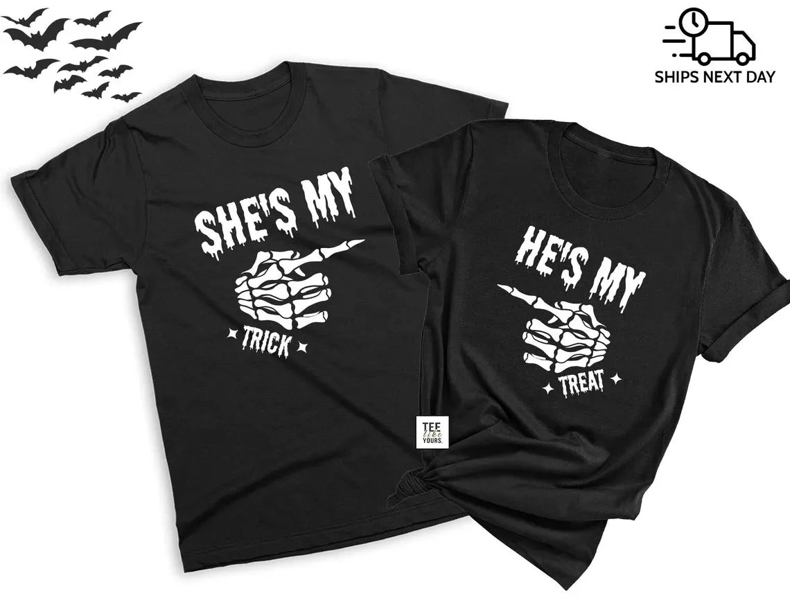 She's My Trick & He's My Treat - Trick or Treat Matching Halloween tshirts for couples