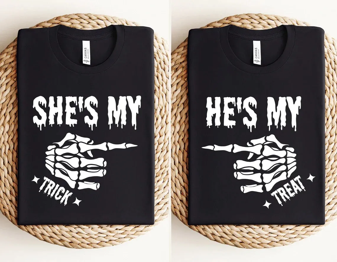 She's My Trick & He's My Treat - Trick or Treat Matching Halloween tshirts for couples