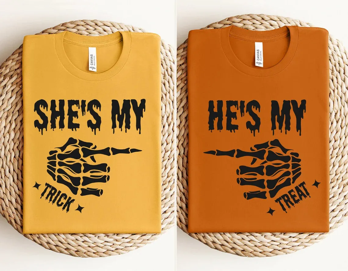She's My Trick & He's My Treat - Trick or Treat Matching Halloween tshirts for couples