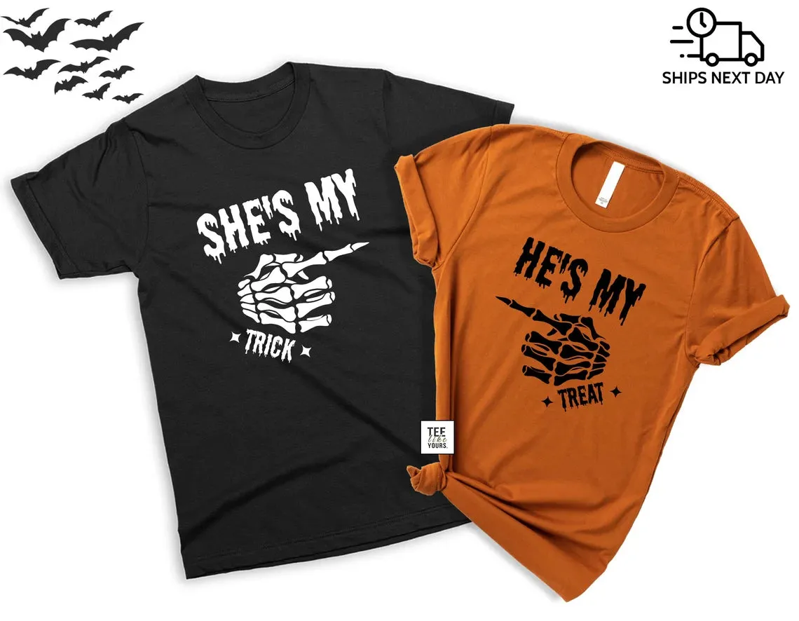 She's My Trick & He's My Treat - Trick or Treat Matching Halloween tshirts for couples