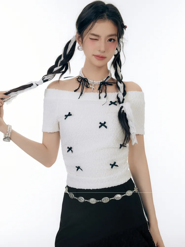 Shirred Off-Shoulder Bow Top