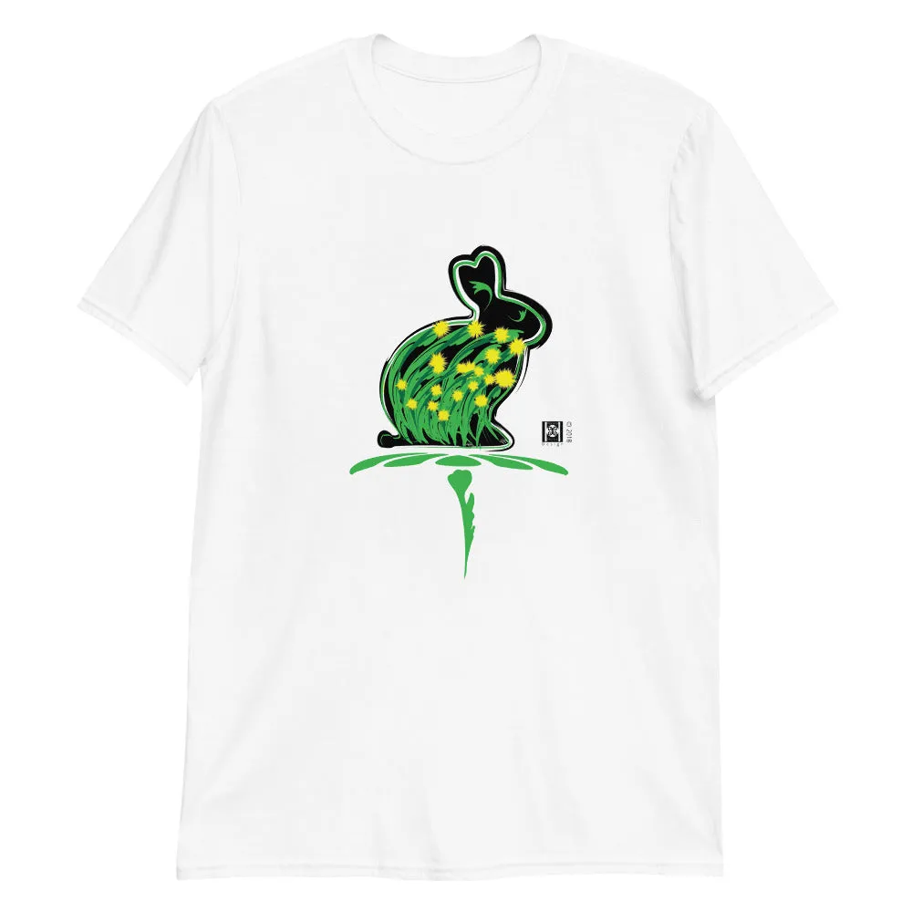 Short sleeve tee featuring a Black Rabbit made of fresh spring grass.  It comes in black or white