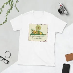 Short sleeve tee featuring a cat illustration with a message, white.