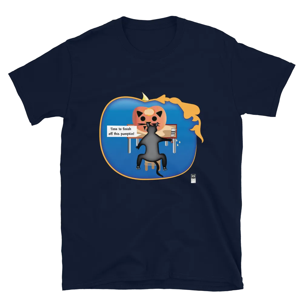 Short-Sleeve Unisex T-Shirt, Halloween Cat Carving a Pumpkin, black or navy