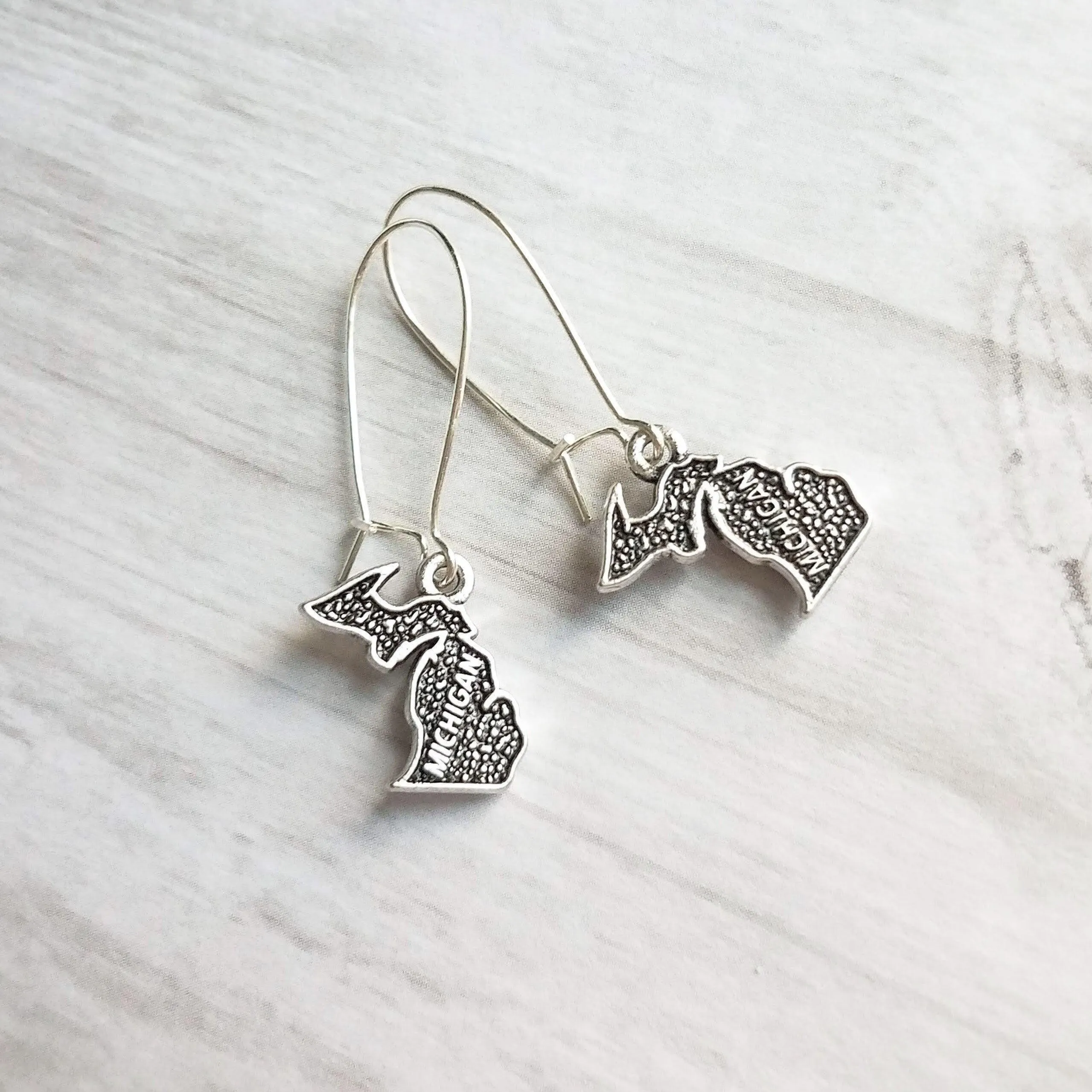 Silver Michigan Earrings - small upper/lower peninsula mitten state gift - handmade hometown love jewelry souvenir - made in Michigan