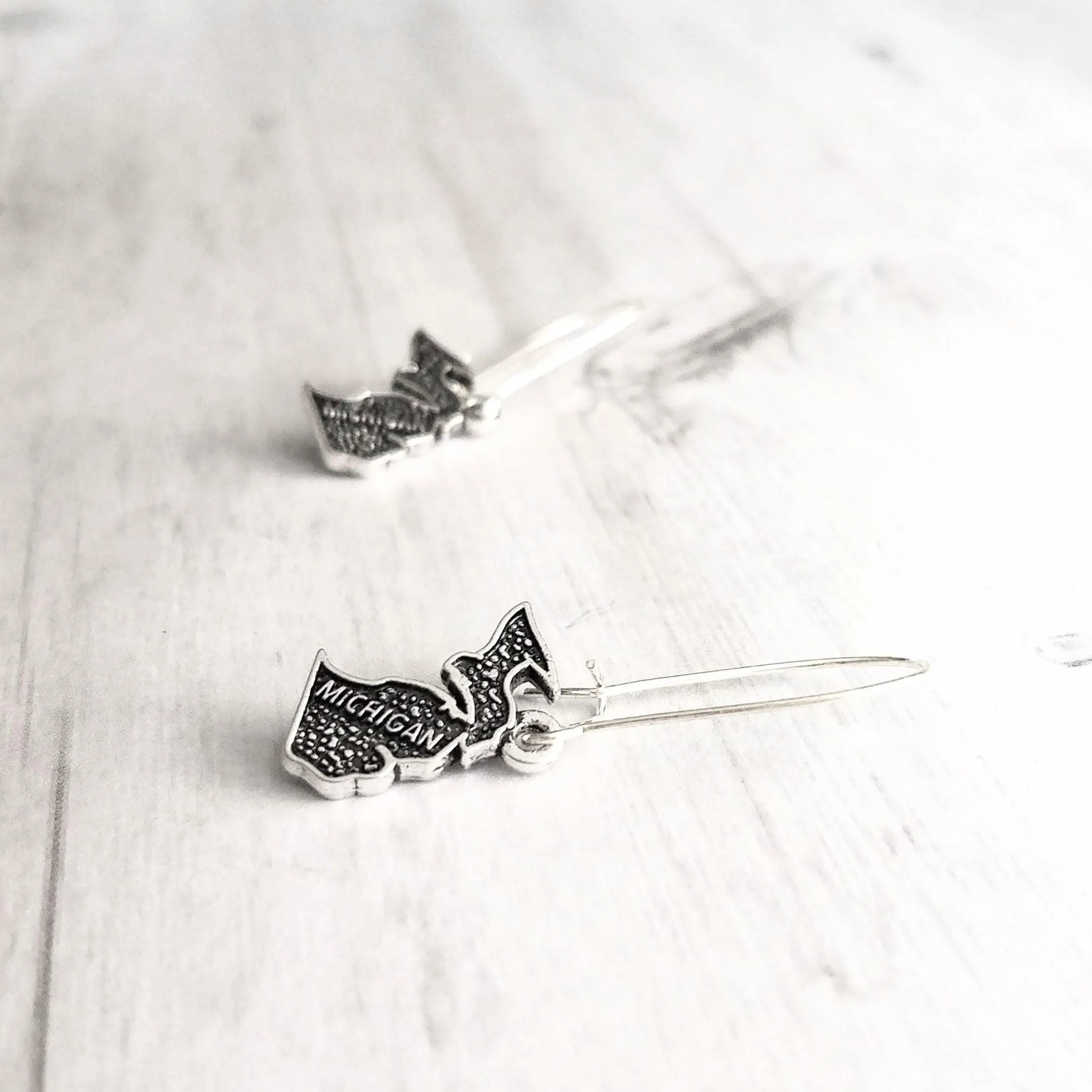 Silver Michigan Earrings - small upper/lower peninsula mitten state gift - handmade hometown love jewelry souvenir - made in Michigan