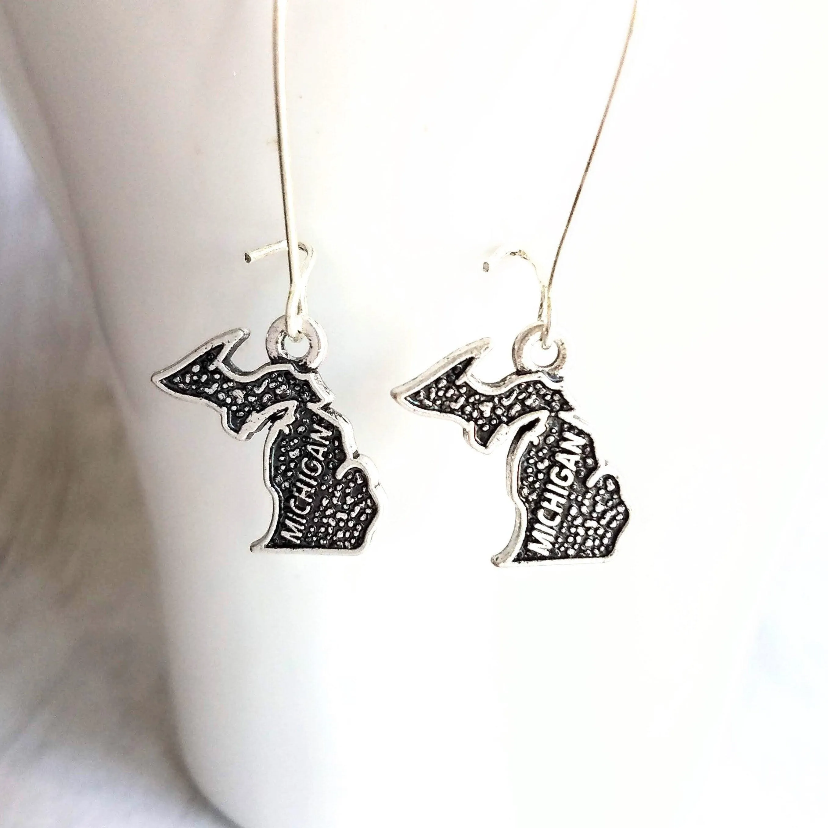 Silver Michigan Earrings - small upper/lower peninsula mitten state gift - handmade hometown love jewelry souvenir - made in Michigan