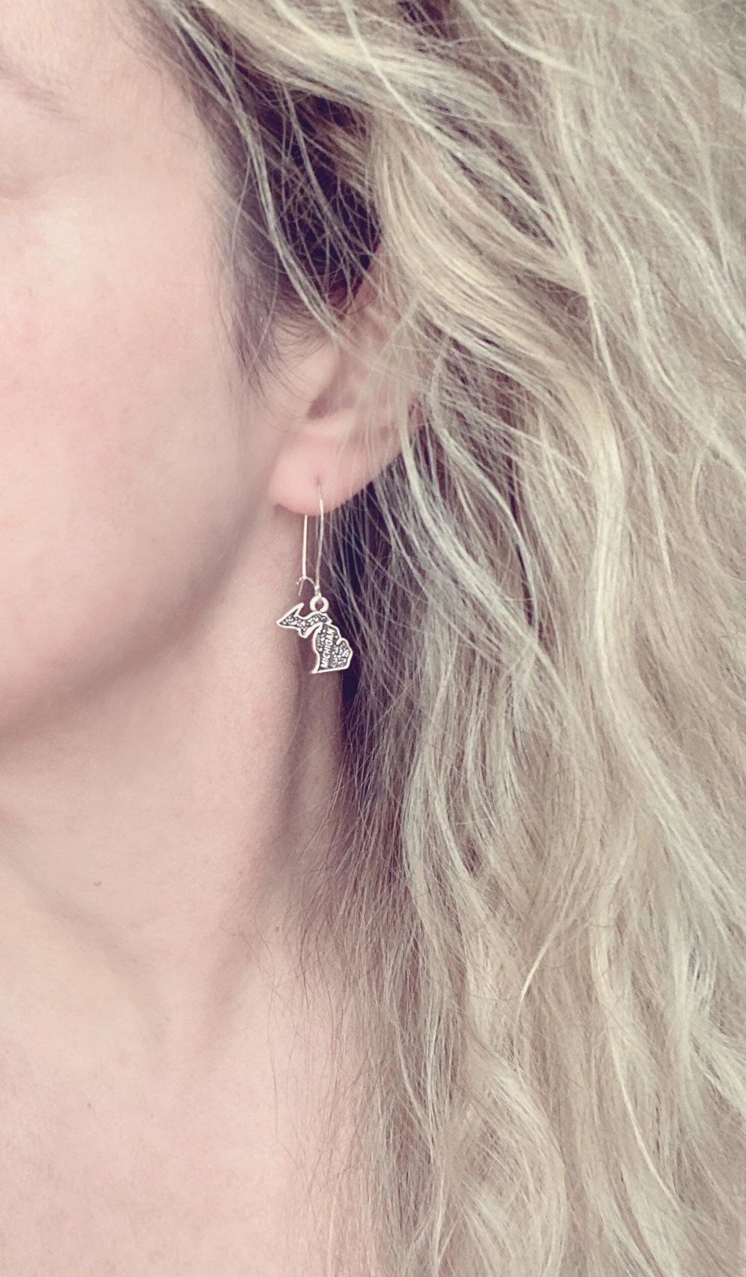 Silver Michigan Earrings - small upper/lower peninsula mitten state gift - handmade hometown love jewelry souvenir - made in Michigan