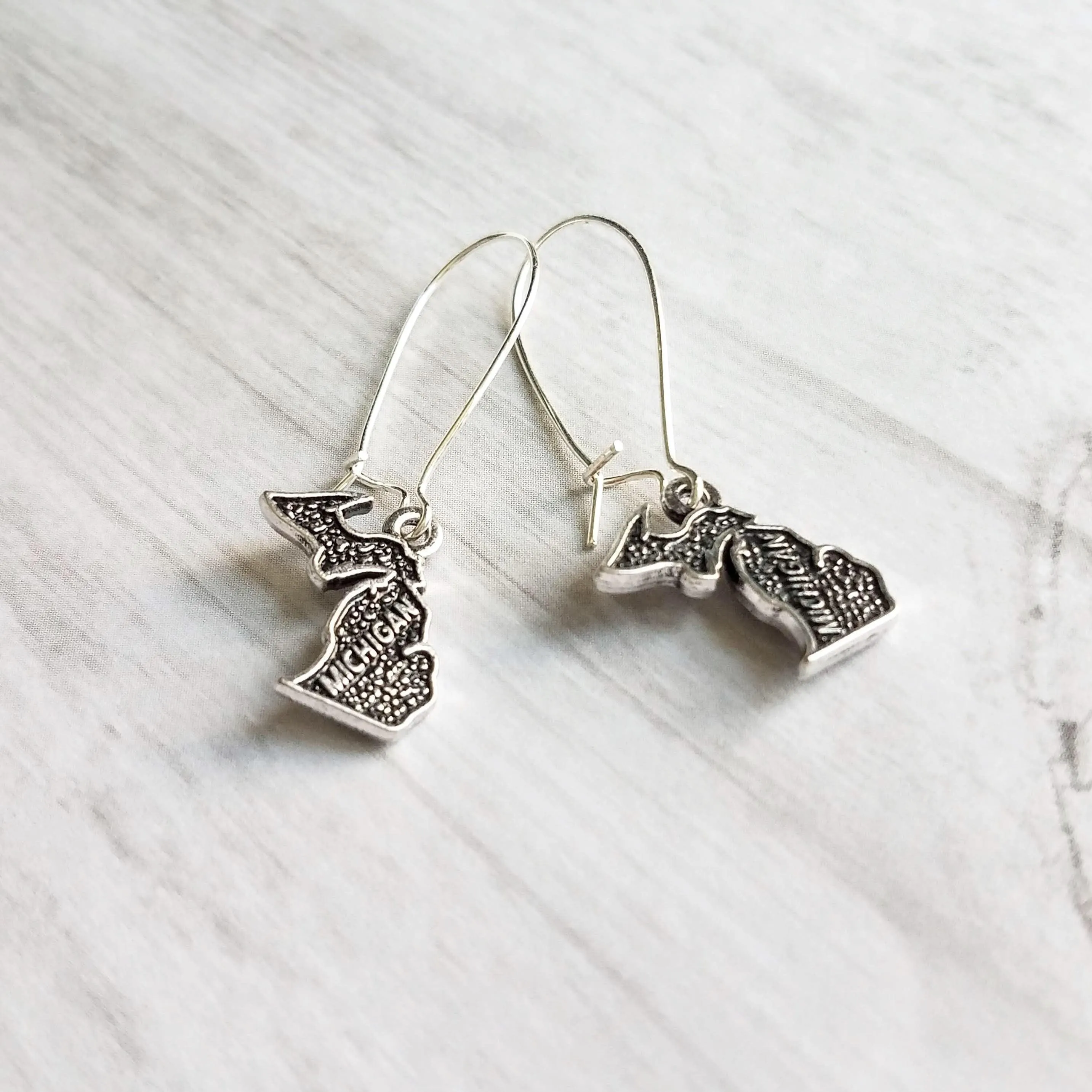 Silver Michigan Earrings - small upper/lower peninsula mitten state gift - handmade hometown love jewelry souvenir - made in Michigan