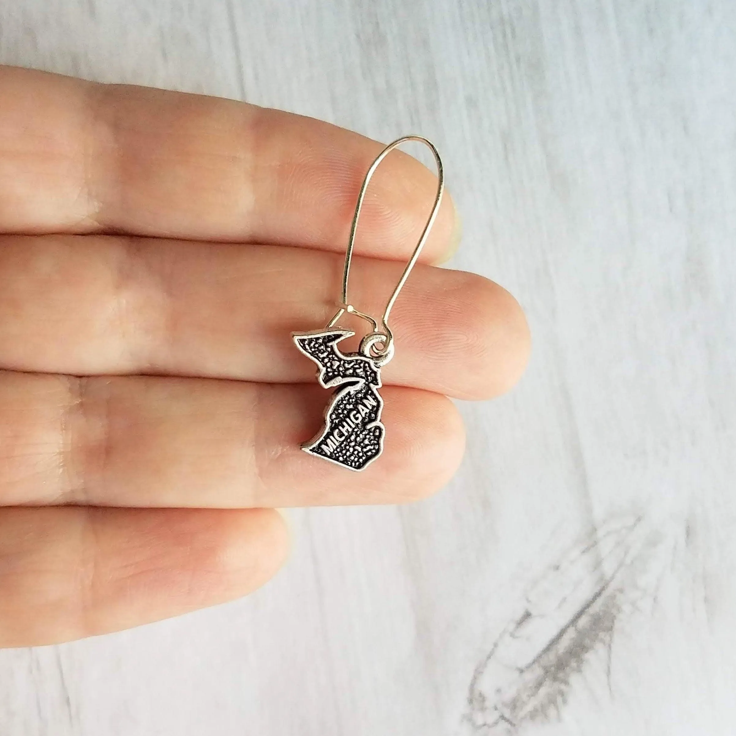 Silver Michigan Earrings - small upper/lower peninsula mitten state gift - handmade hometown love jewelry souvenir - made in Michigan