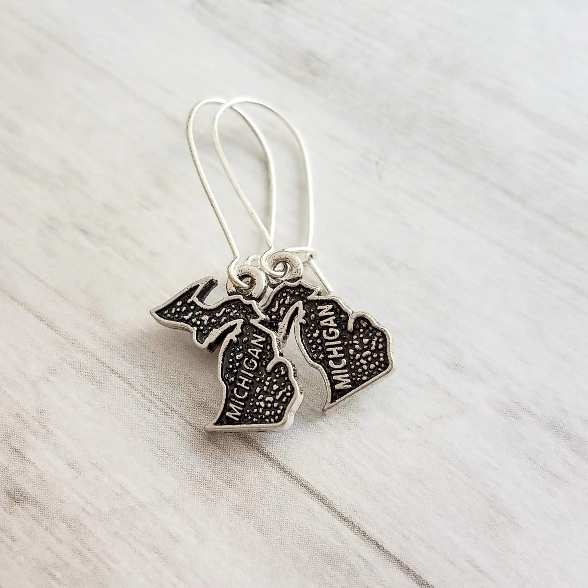 Silver Michigan Earrings - small upper/lower peninsula mitten state gift - handmade hometown love jewelry souvenir - made in Michigan