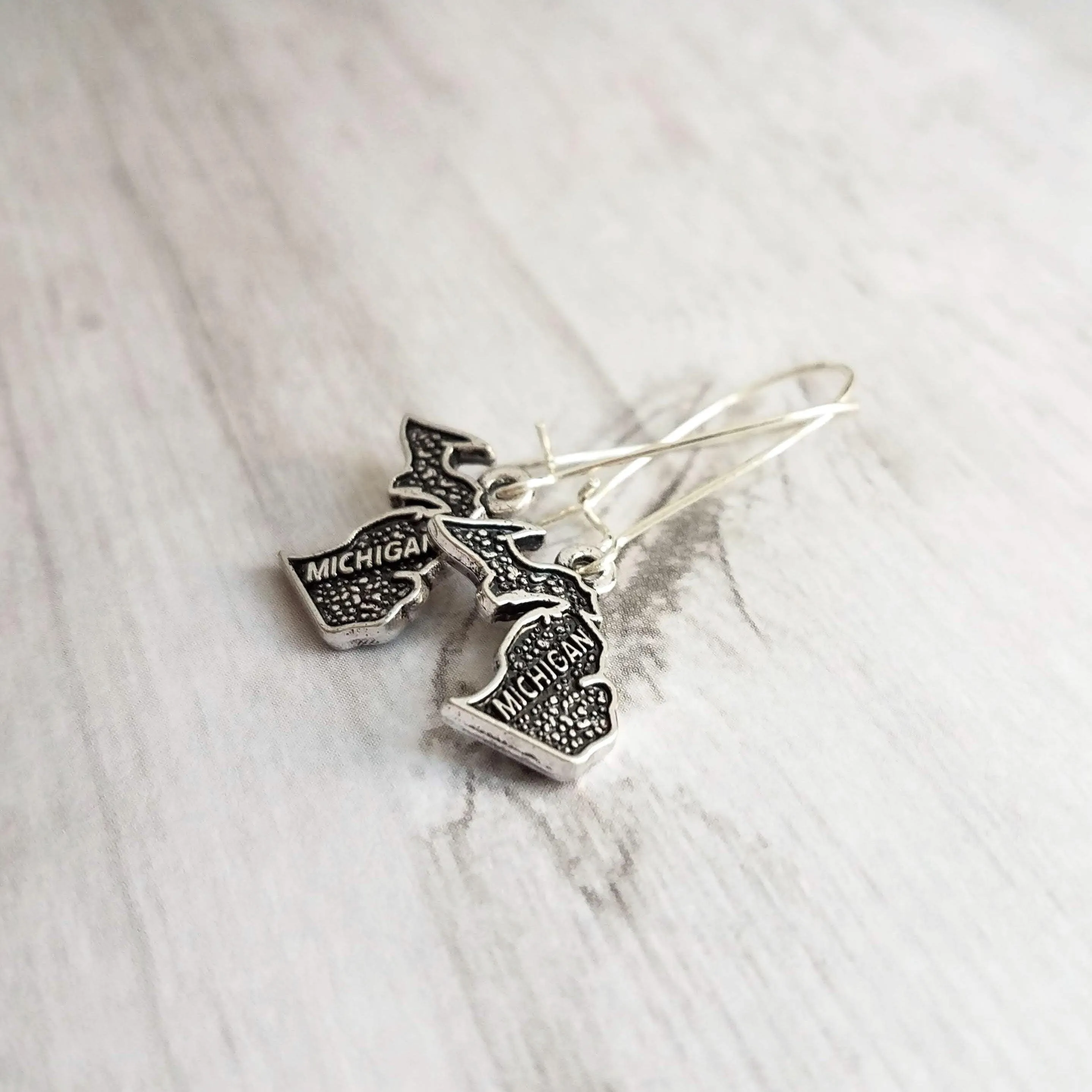 Silver Michigan Earrings - small upper/lower peninsula mitten state gift - handmade hometown love jewelry souvenir - made in Michigan